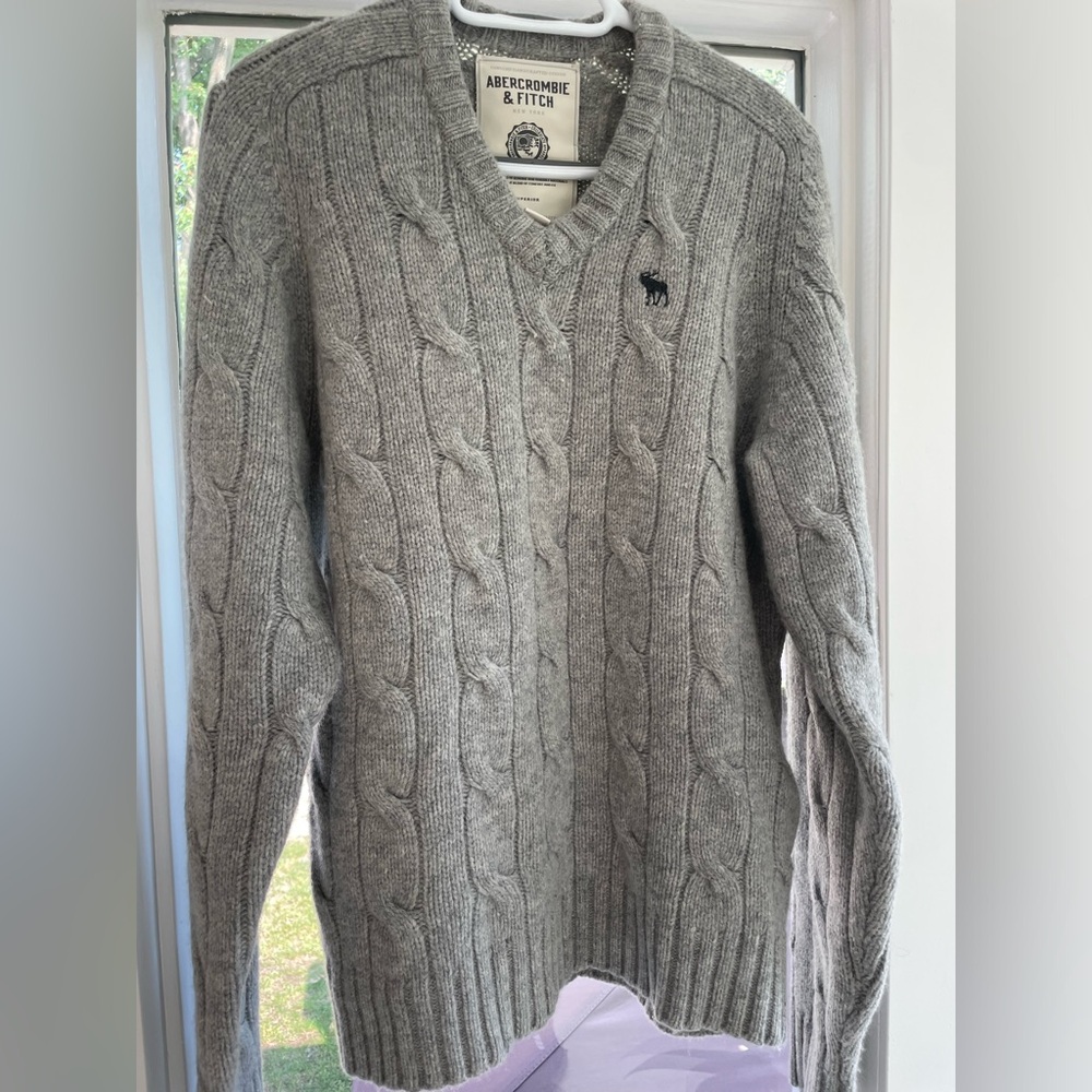 ABERCROMBIE Men’s Sz.L Cable Knit Chunky Wool Blend Crew Neck Sweater